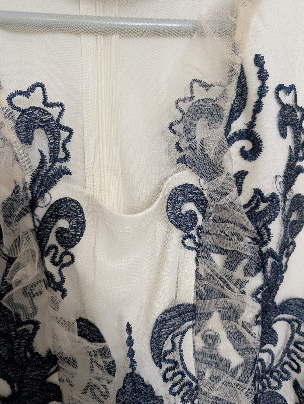Feminine Women’s Navy Embroidered Sheer Lace Top - Elegant Long Sleeve - Picture 2 of 4